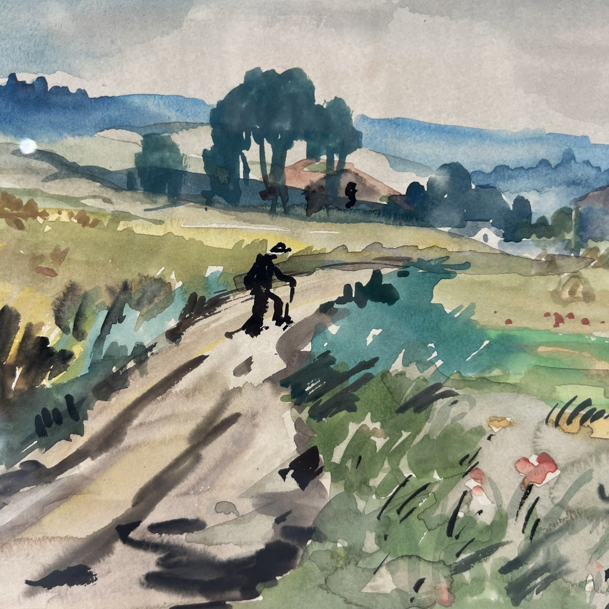 Auguste Clergé 1950 signé, Tableau, peinture, Aquarelle, Paysage champêtre provencal-photo-2