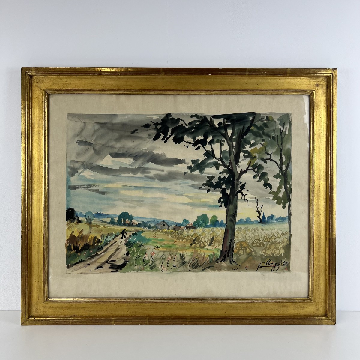 Auguste Clergé 1950 signé, Tableau, peinture, Aquarelle, Paysage champêtre provencal