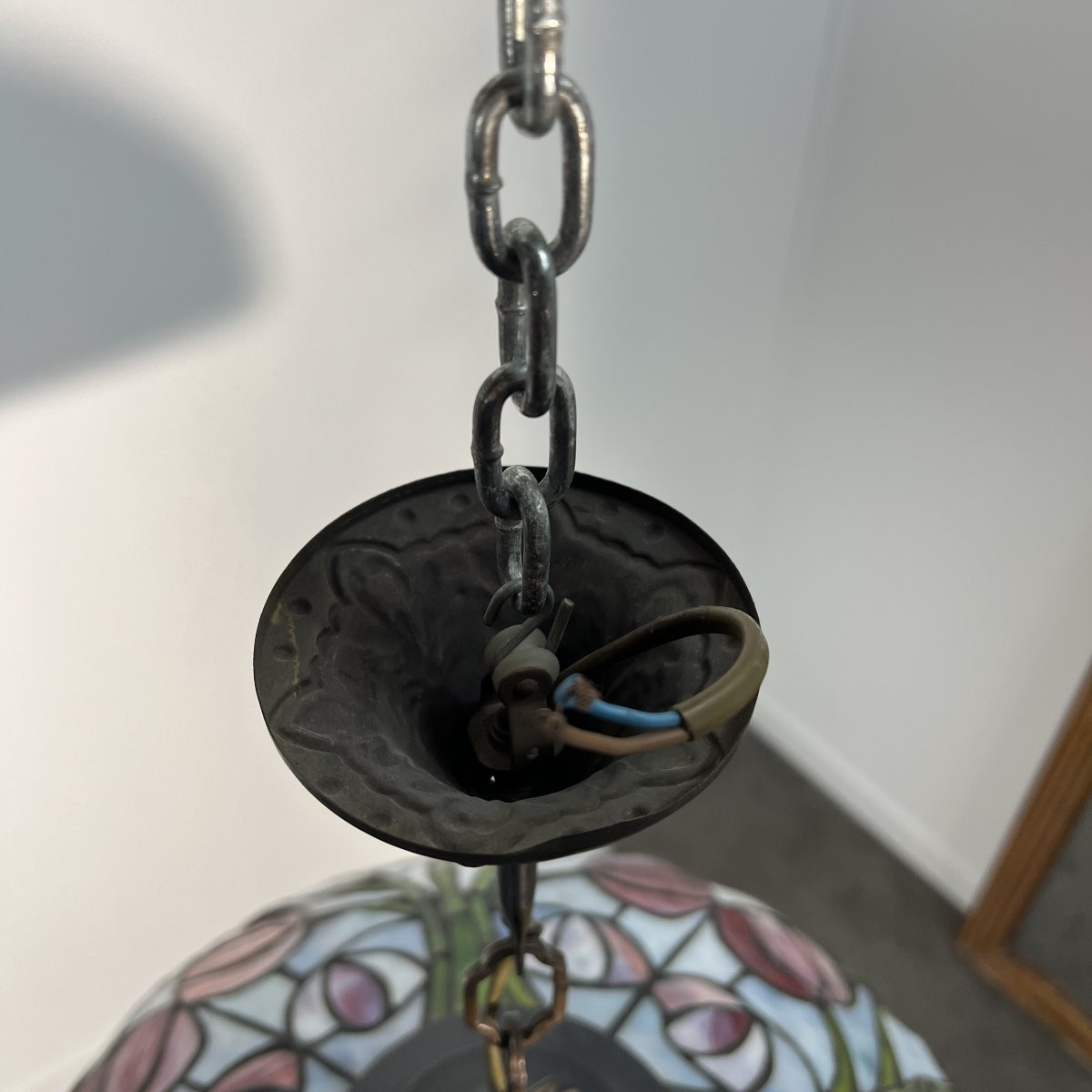 Importante Suspension type Tiffany - 45cm lustre plafonnier - Vitraux aux tulipes - Art Nouveau-photo-3