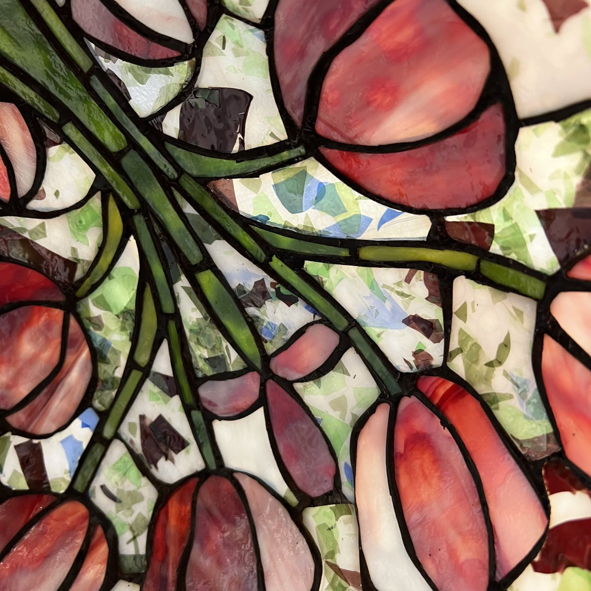 Importante Suspension type Tiffany - 45cm lustre plafonnier - Vitraux aux tulipes - Art Nouveau-photo-7