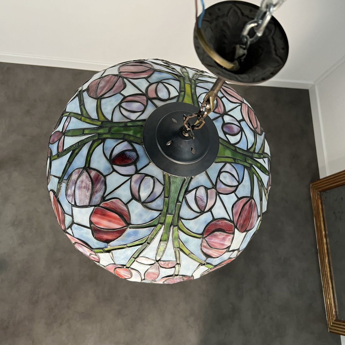 Importante Suspension type Tiffany - 45cm lustre plafonnier - Vitraux aux tulipes - Art Nouveau-photo-8