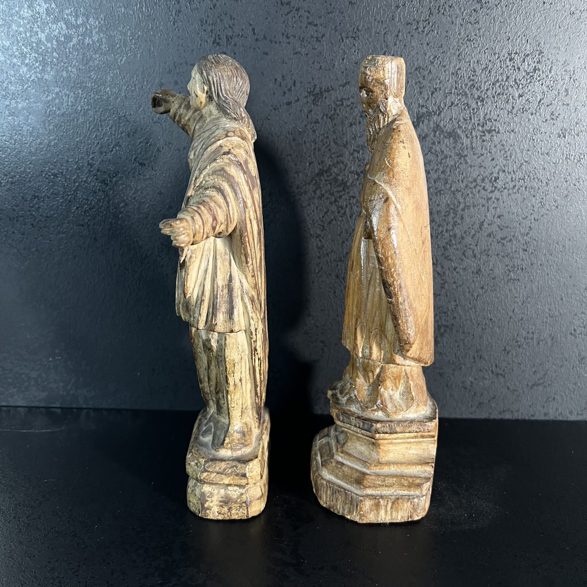 Paire de statuettes sculptures en bois, Saints personnages, XVIIIe siècle, Art Sacré religieux-photo-2