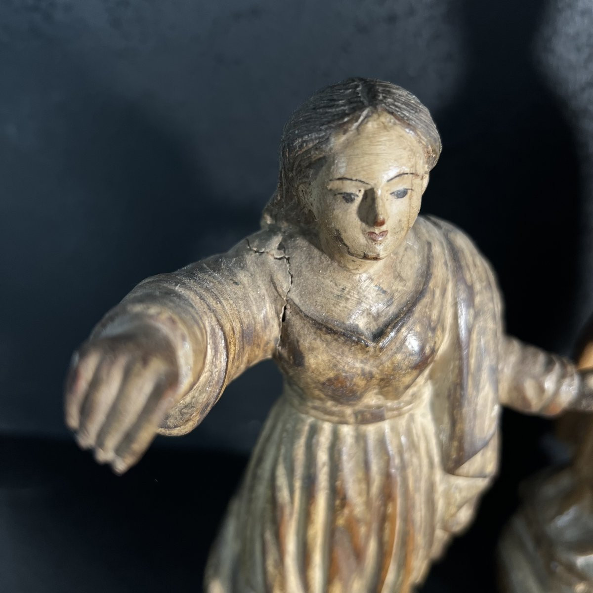 Paire de statuettes sculptures en bois, Saints personnages, XVIIIe siècle, Art Sacré religieux-photo-4