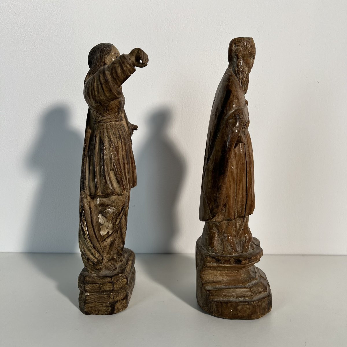 Paire de statuettes sculptures en bois, Saints personnages, XVIIIe siècle, Art Sacré religieux-photo-6