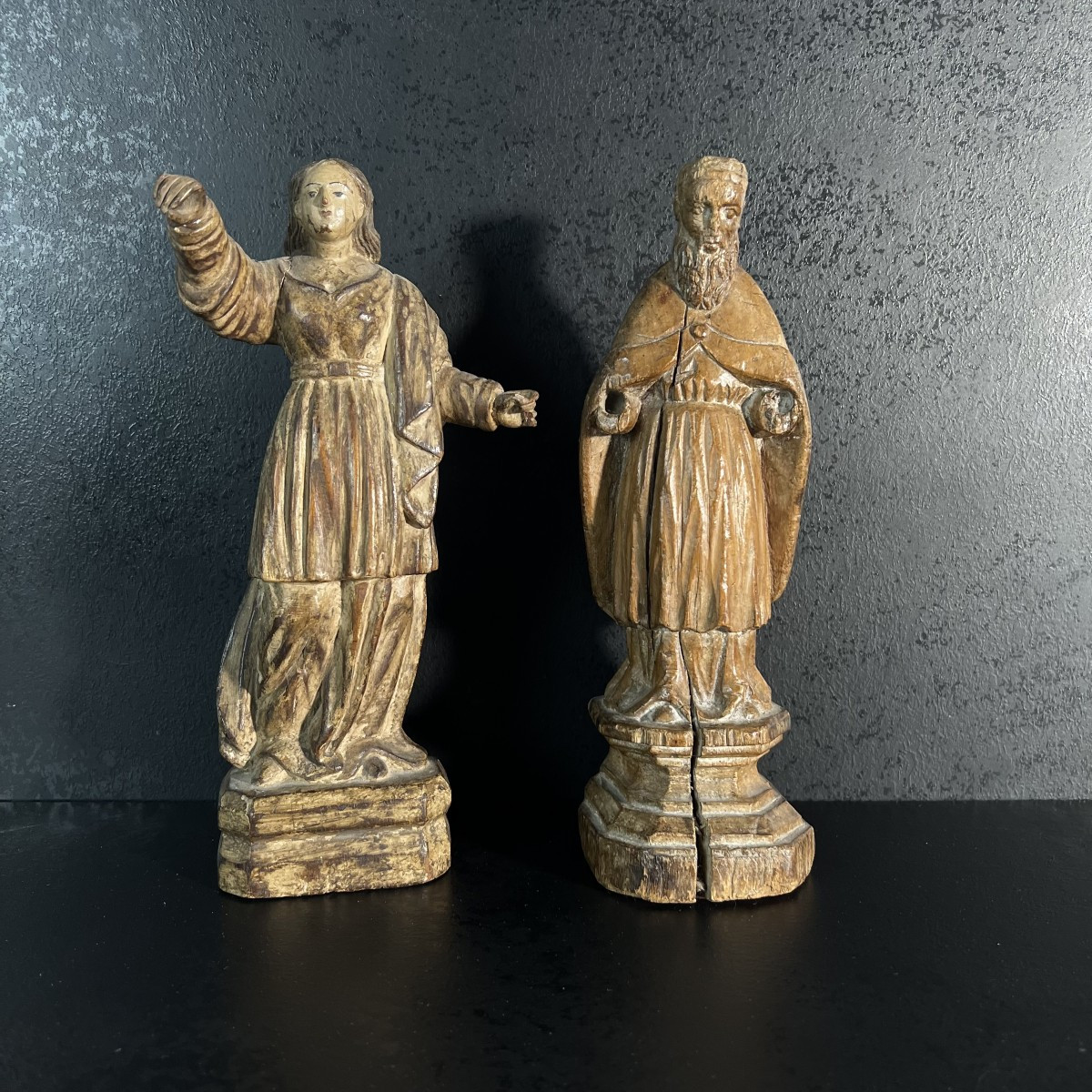 Paire de statuettes sculptures en bois, Saints personnages, XVIIIe siècle, Art Sacré religieux