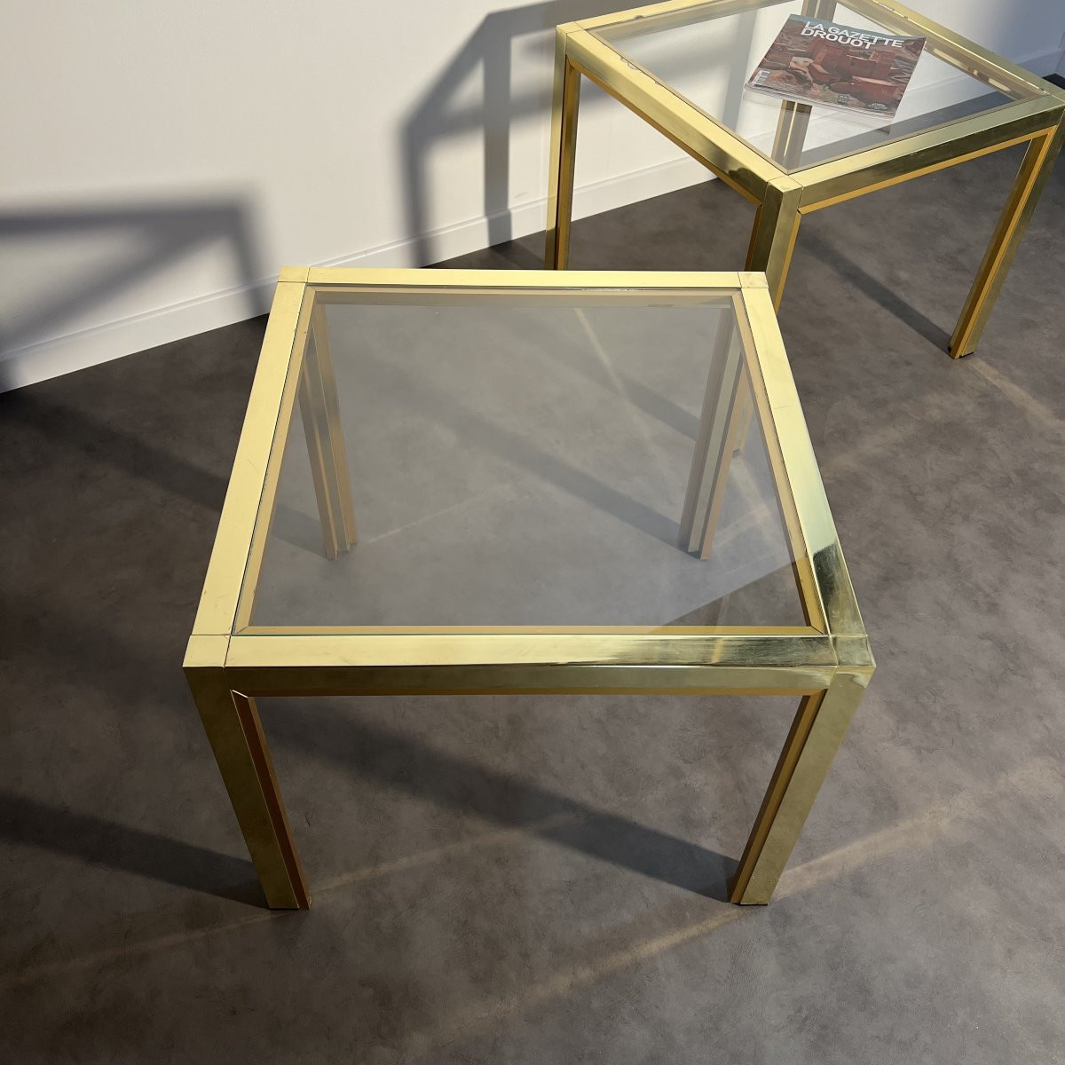 Pair Of Coffee Tables, Glass And Brass, Italy, 1960s, Hollywood Regency 60x60cm-photo-2
