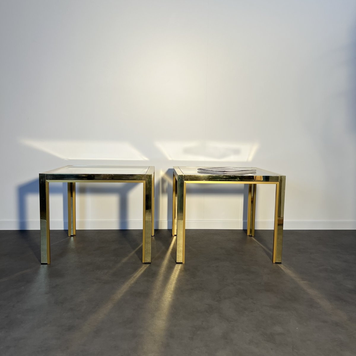 Pair Of Coffee Tables, Glass And Brass, Italy, 1960s, Hollywood Regency 60x60cm-photo-3