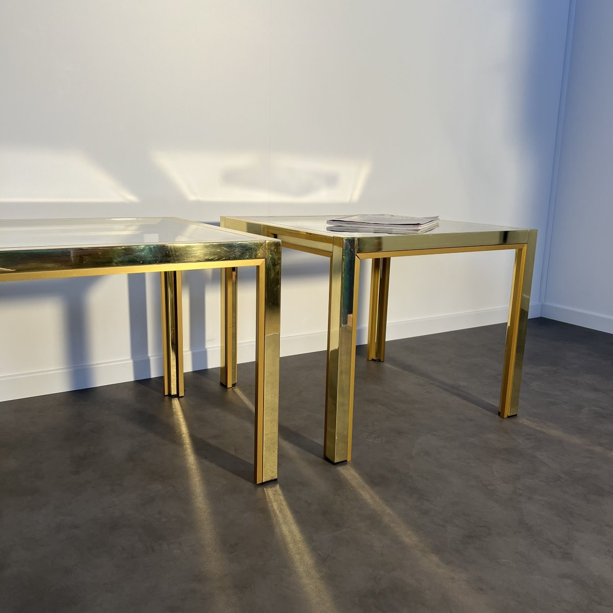 Pair Of Coffee Tables, Glass And Brass, Italy, 1960s, Hollywood Regency 60x60cm-photo-2