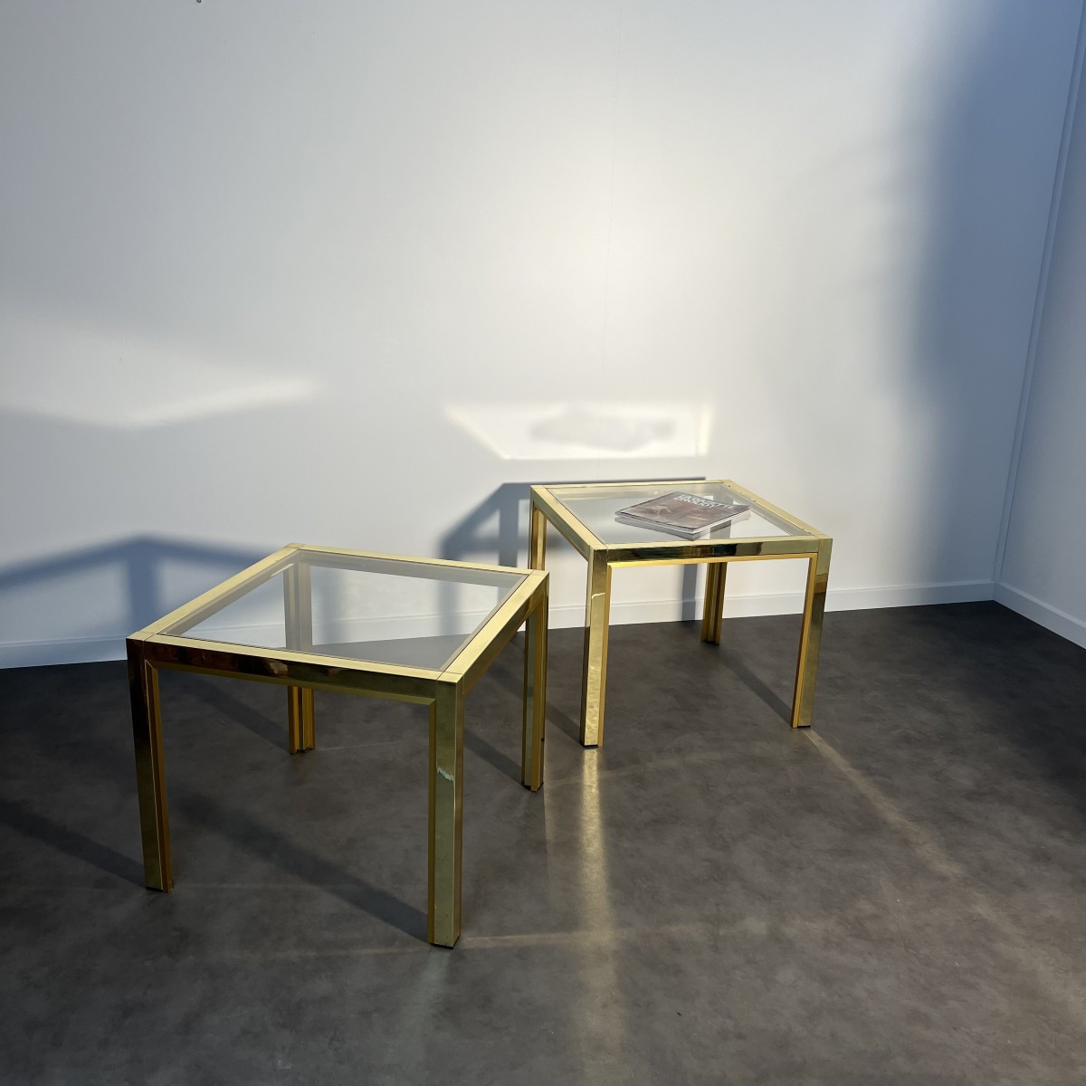Pair Of Coffee Tables, Glass And Brass, Italy, 1960s, Hollywood Regency 60x60cm