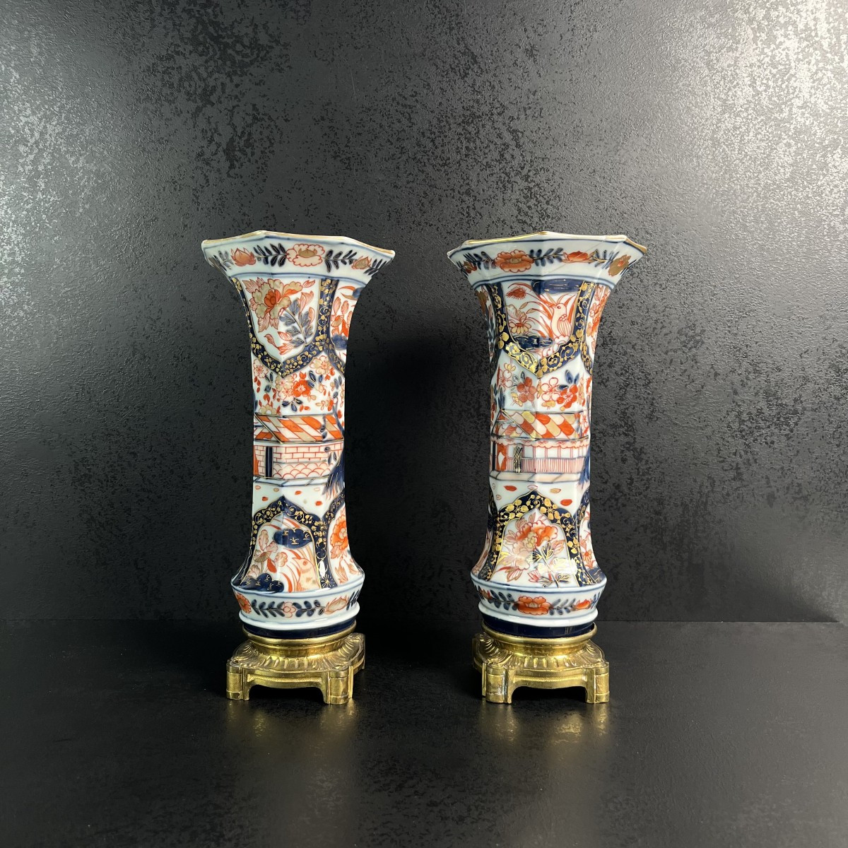 Pair Of Imari Trumpet-shaped Vases, Porcelain And Gilt Bronze, 18th And 19th Centuries, Compagnie Des Indes
