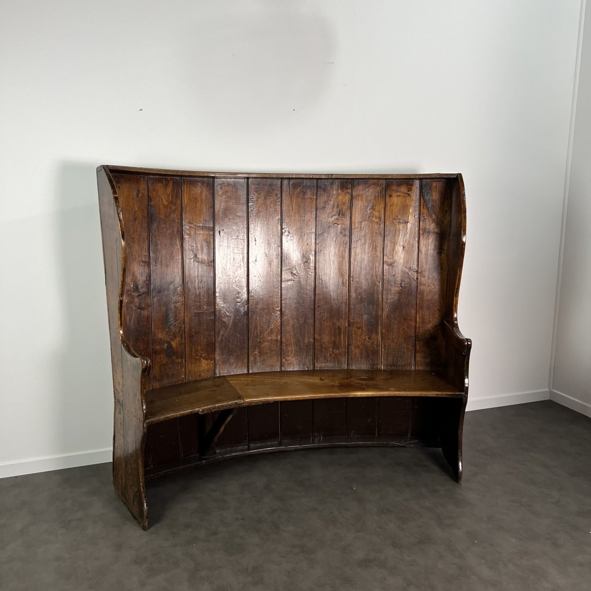English Bow-back Pub Bench In Solid Curved Oak, Georgian Period, 19th Century-photo-2