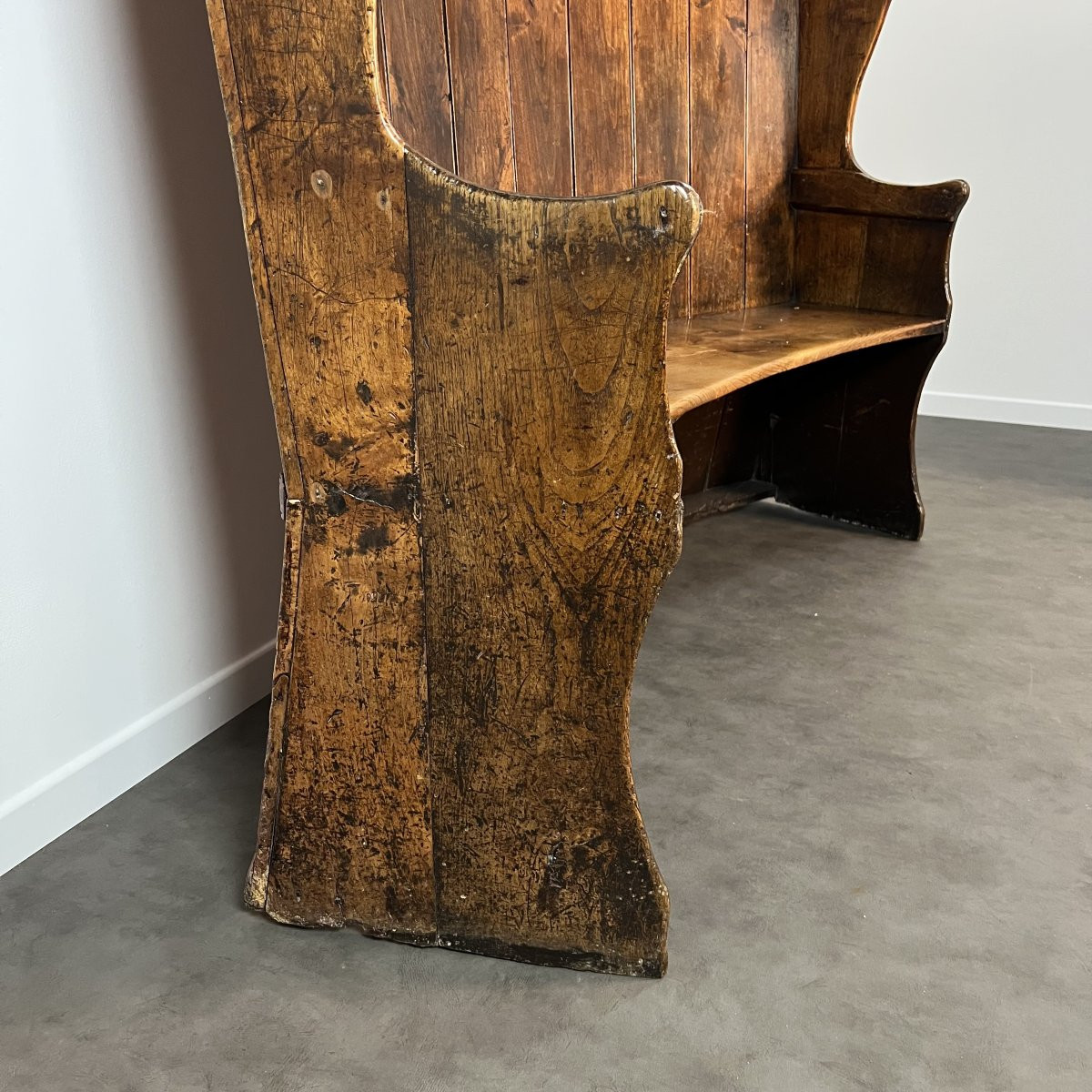 English Bow-back Pub Bench In Solid Curved Oak, Georgian Period, 19th Century-photo-3