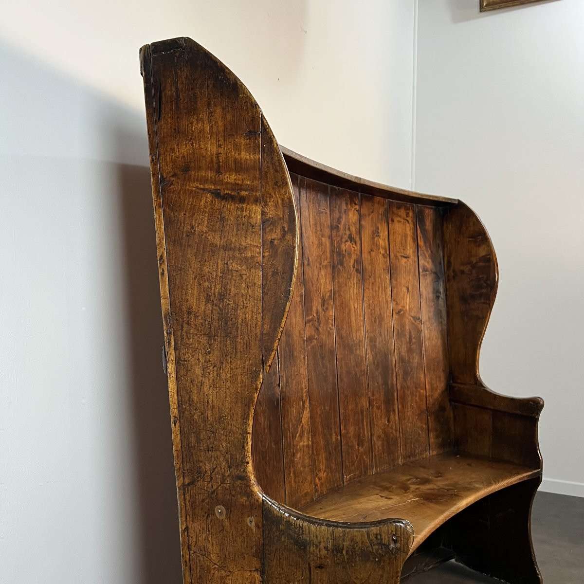English Bow-back Pub Bench In Solid Curved Oak, Georgian Period, 19th Century-photo-4