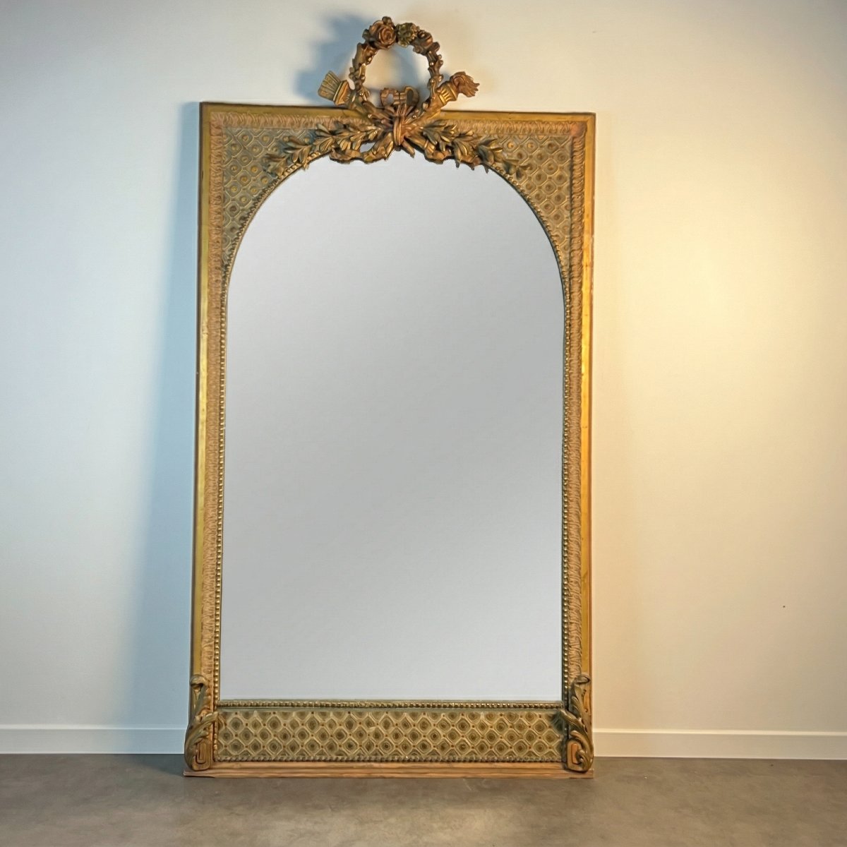 Large Mirror With Pediment, 19th Century Louis XVI/napoleon III Style Glass With Rich Decoration -photo-2