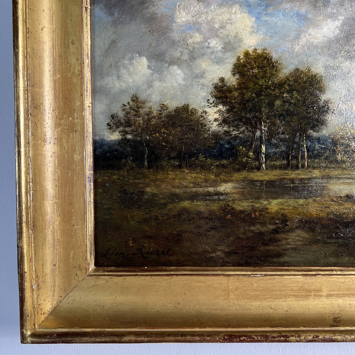 Léon Richet (1843-1907) Barbizon huile sur panneau - Paysage animé XIXe siècle-photo-2