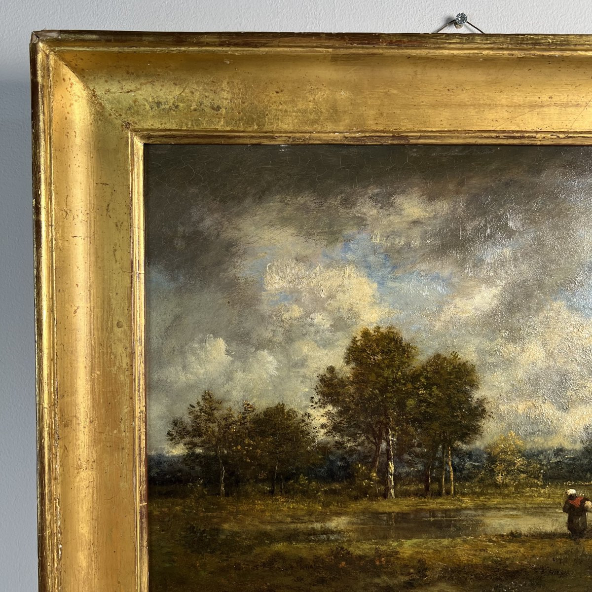 Léon Richet (1843-1907) Barbizon huile sur panneau - Paysage animé XIXe siècle-photo-3