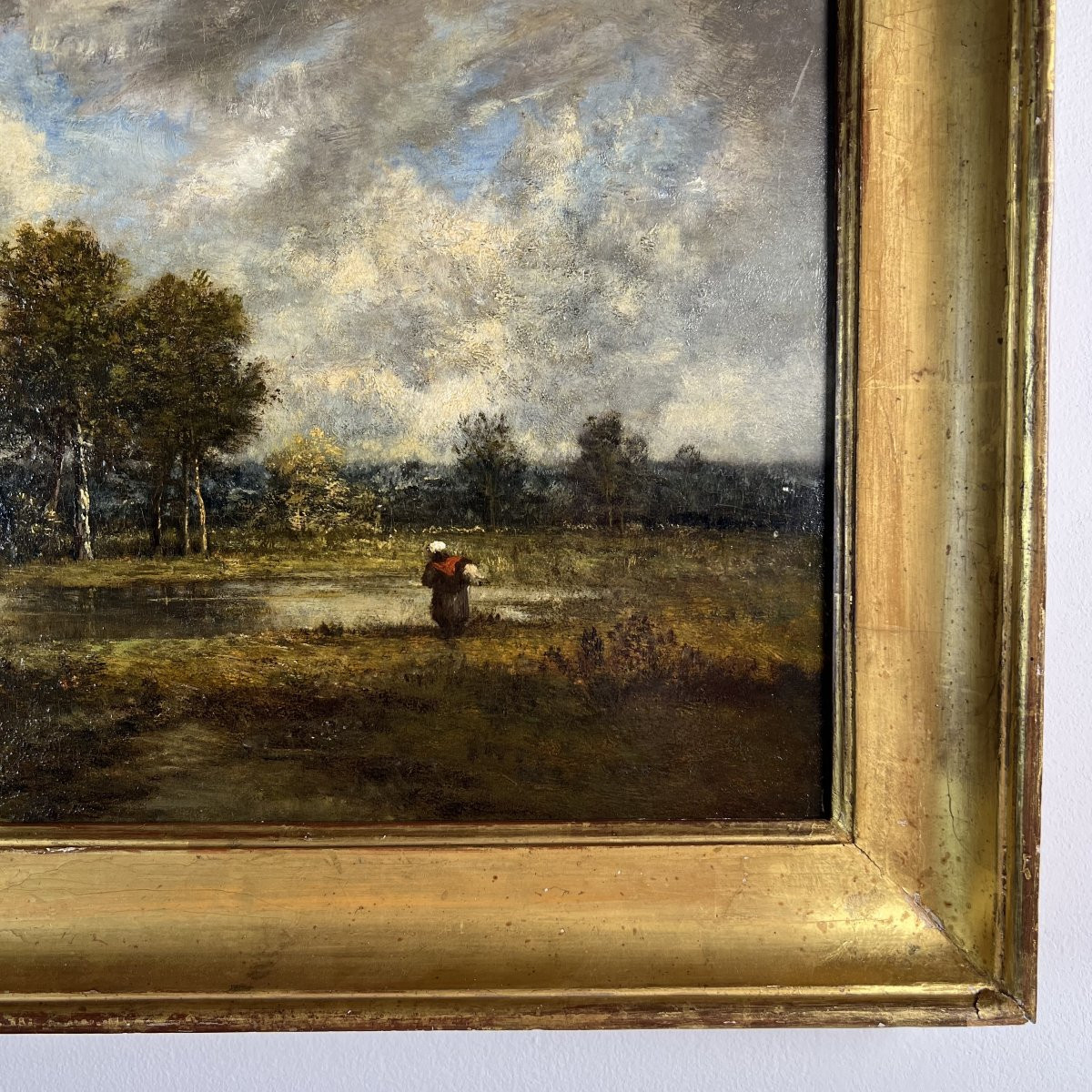 Léon Richet (1843-1907) Barbizon huile sur panneau - Paysage animé XIXe siècle-photo-1