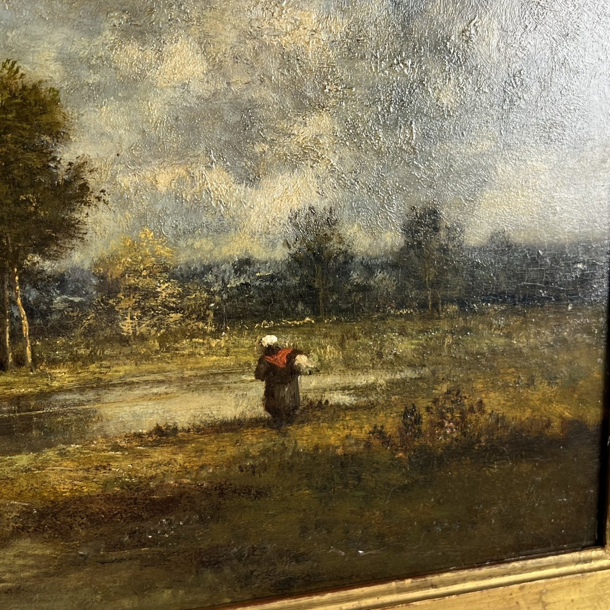 Léon Richet (1843-1907) Barbizon huile sur panneau - Paysage animé XIXe siècle-photo-3