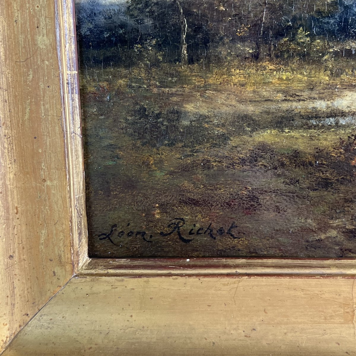 Léon Richet (1843-1907) Barbizon huile sur panneau - Paysage animé XIXe siècle-photo-4