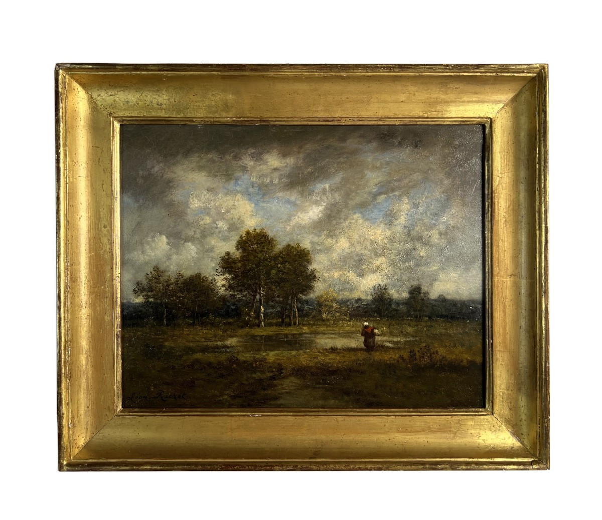 Léon Richet (1843-1907) Barbizon huile sur panneau - Paysage animé XIXe siècle