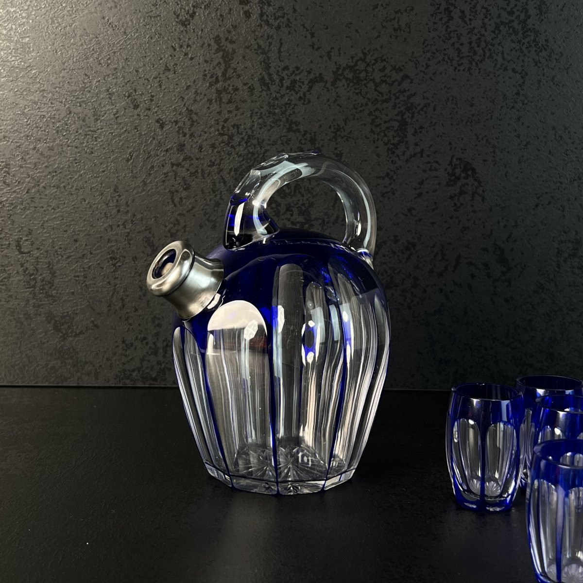 Art Deco Liqueur Service In Cobalt Blue Overlaid Crystal Saint-louis France, Silver Rimmed 1930-photo-2