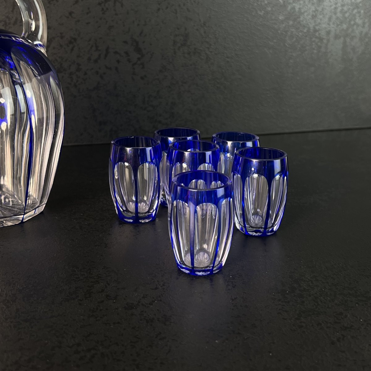 Art Deco Liqueur Service In Cobalt Blue Overlaid Crystal Saint-louis France, Silver Rimmed 1930-photo-3