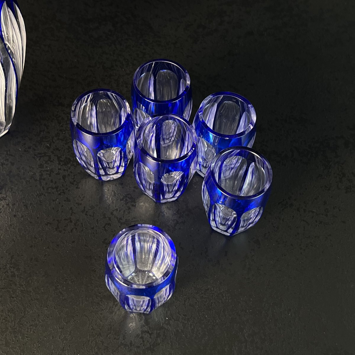 Art Deco Liqueur Service In Cobalt Blue Overlaid Crystal Saint-louis France, Silver Rimmed 1930-photo-4