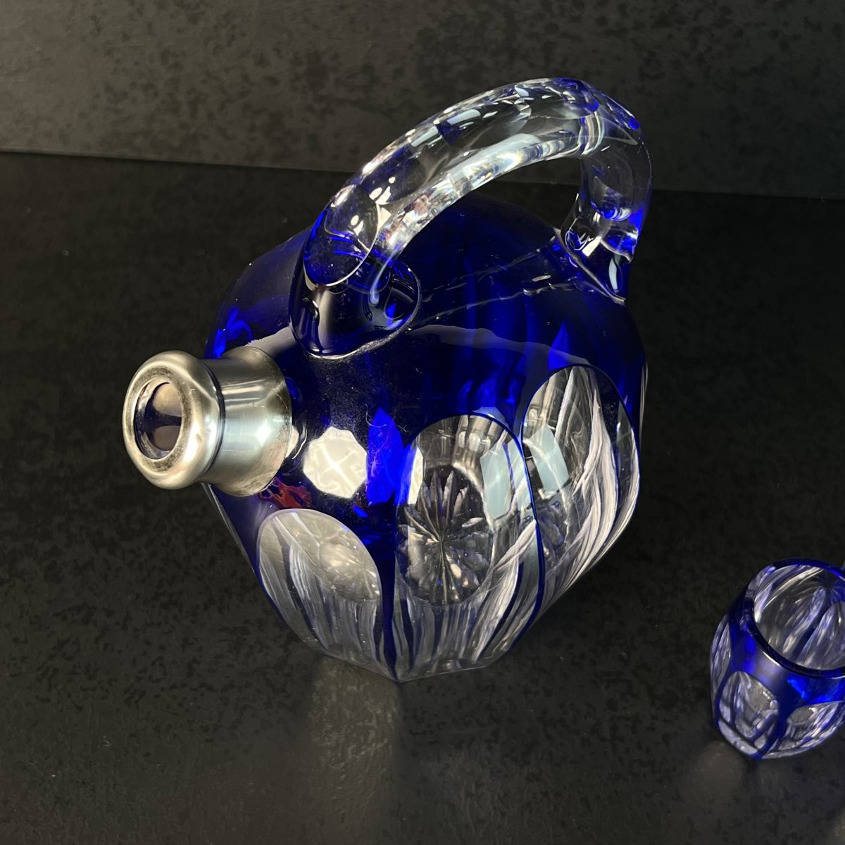 Art Deco Liqueur Service In Cobalt Blue Overlaid Crystal Saint-louis France, Silver Rimmed 1930-photo-1