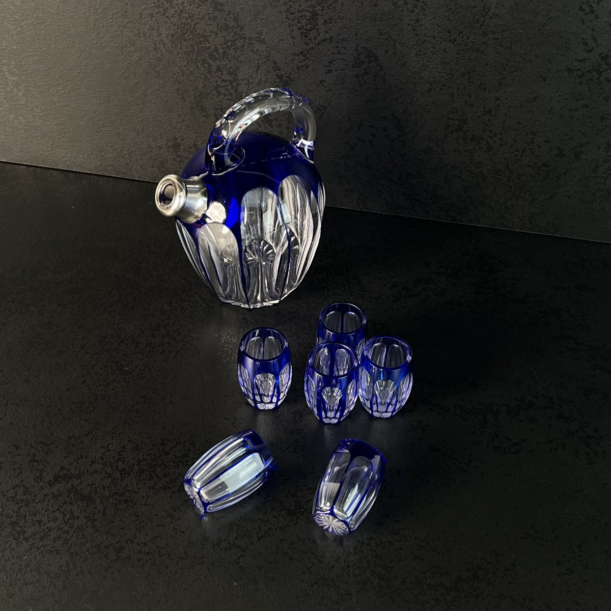 Art Deco Liqueur Service In Cobalt Blue Overlaid Crystal Saint-louis France, Silver Rimmed 1930-photo-5