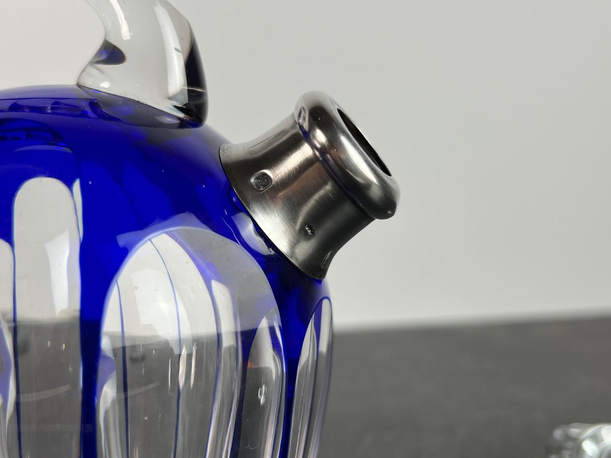 Art Deco Liqueur Service In Cobalt Blue Overlaid Crystal Saint-louis France, Silver Rimmed 1930-photo-7