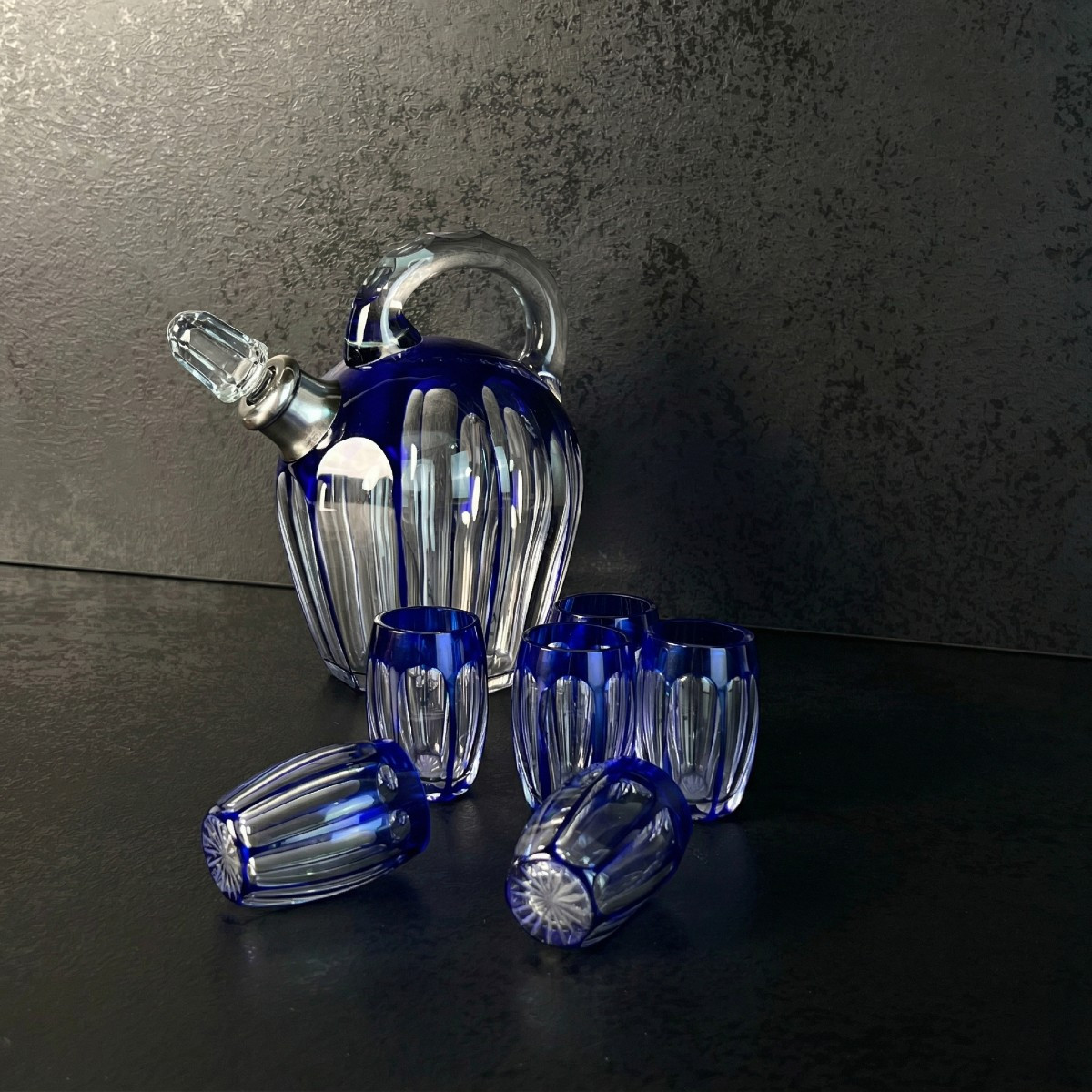 Art Deco Liqueur Service In Cobalt Blue Overlaid Crystal Saint-louis France, Silver Rimmed 1930