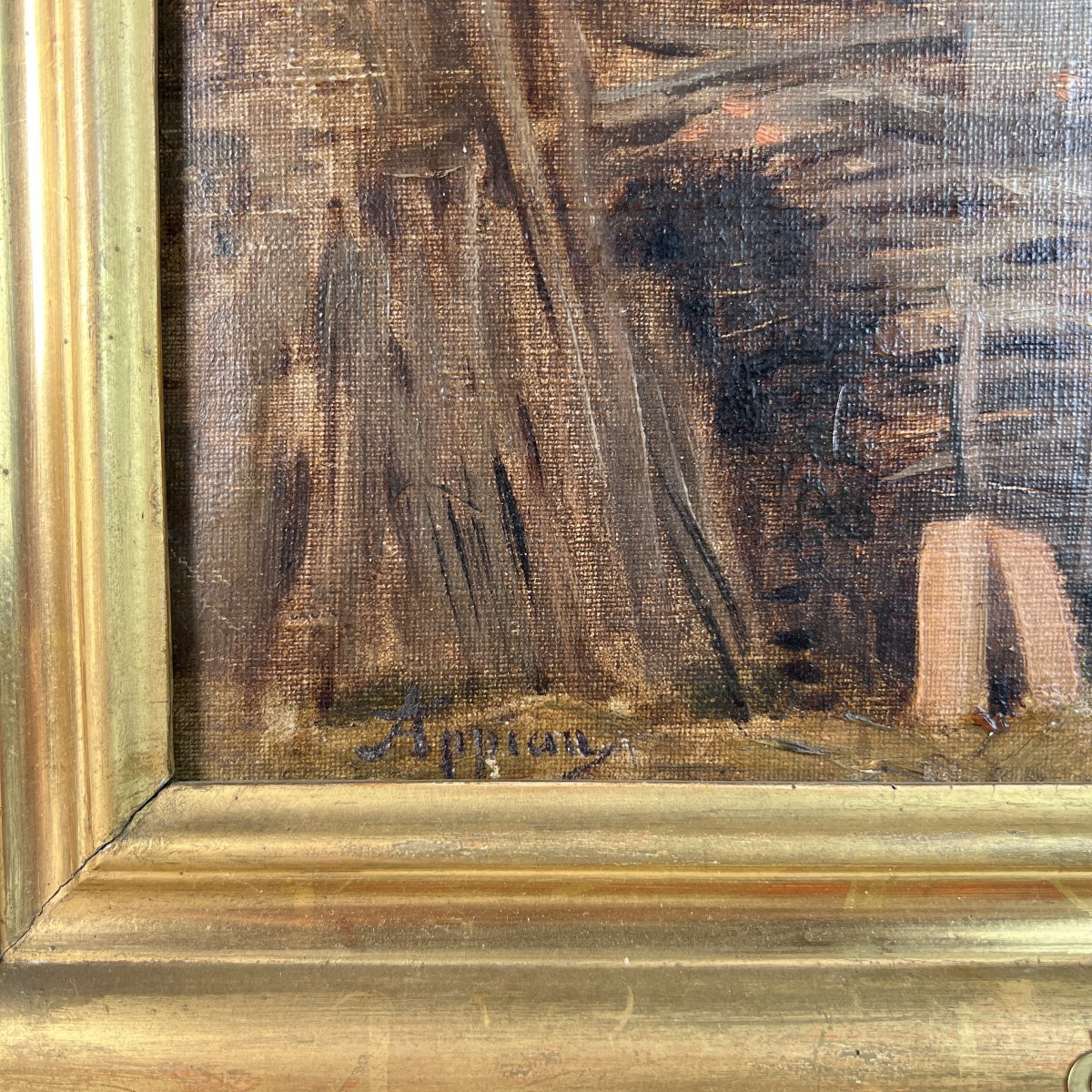 Oil On Canvas - Painting By Adolphe Appian - Farmyard, France Lyon School 19th Century-photo-3