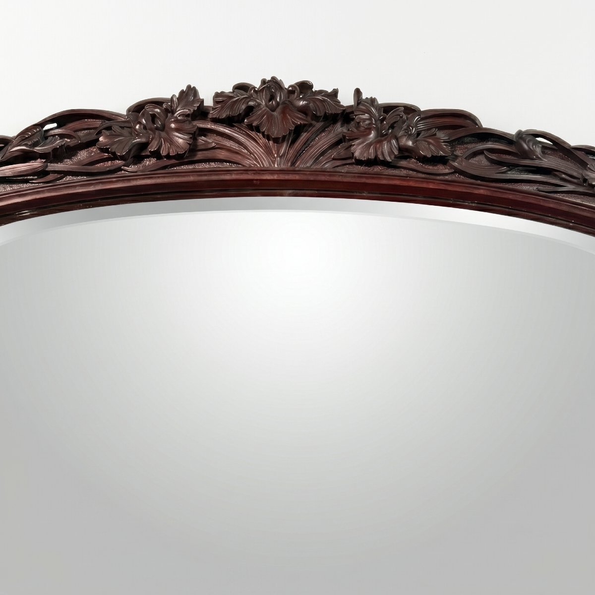 Grand miroir (2 mètres) Art Nouveau en Acajou sculpté en haut-relief à décor d'iris, vers 1900-photo-6