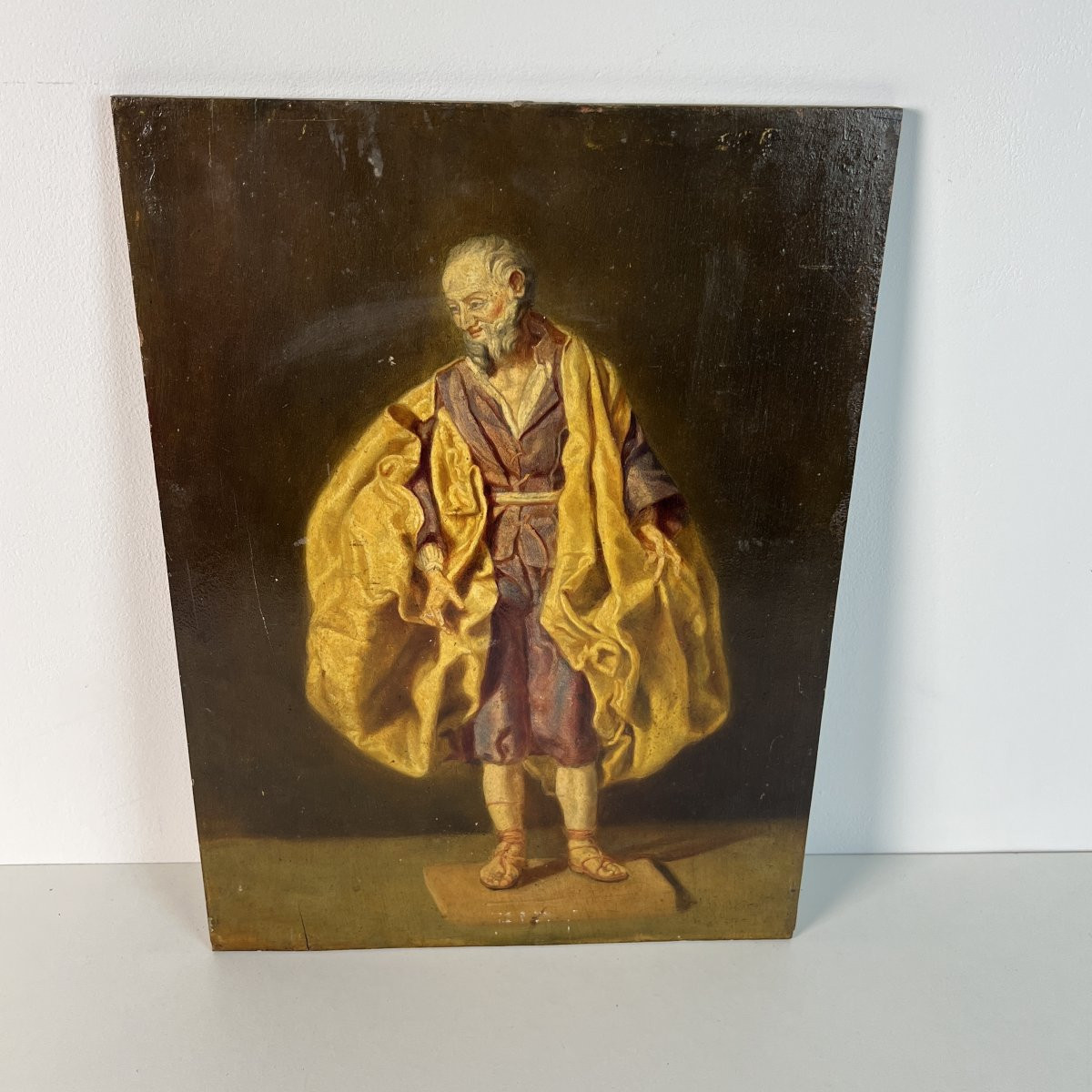 Tableau ancien, huile sur panneau d'acajou Saint Joseph drapé de jaune et violet, XIXe siècle-photo-3