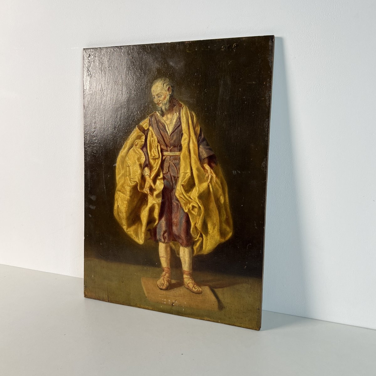 Tableau ancien, huile sur panneau d'acajou Saint Joseph drapé de jaune et violet, XIXe siècle-photo-4
