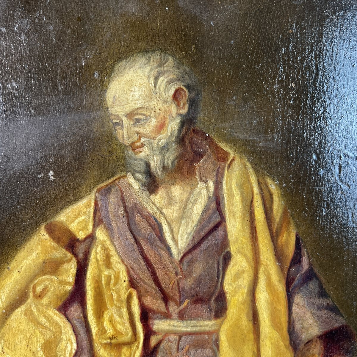 Tableau ancien, huile sur panneau d'acajou Saint Joseph drapé de jaune et violet, XIXe siècle-photo-2
