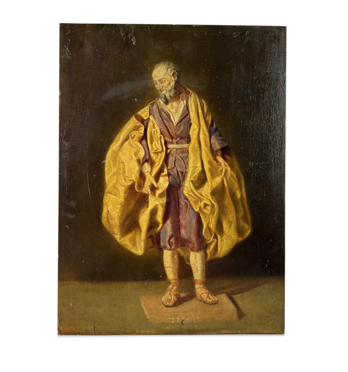 Tableau ancien, huile sur panneau d'acajou Saint Joseph drapé de jaune et violet, XIXe siècle