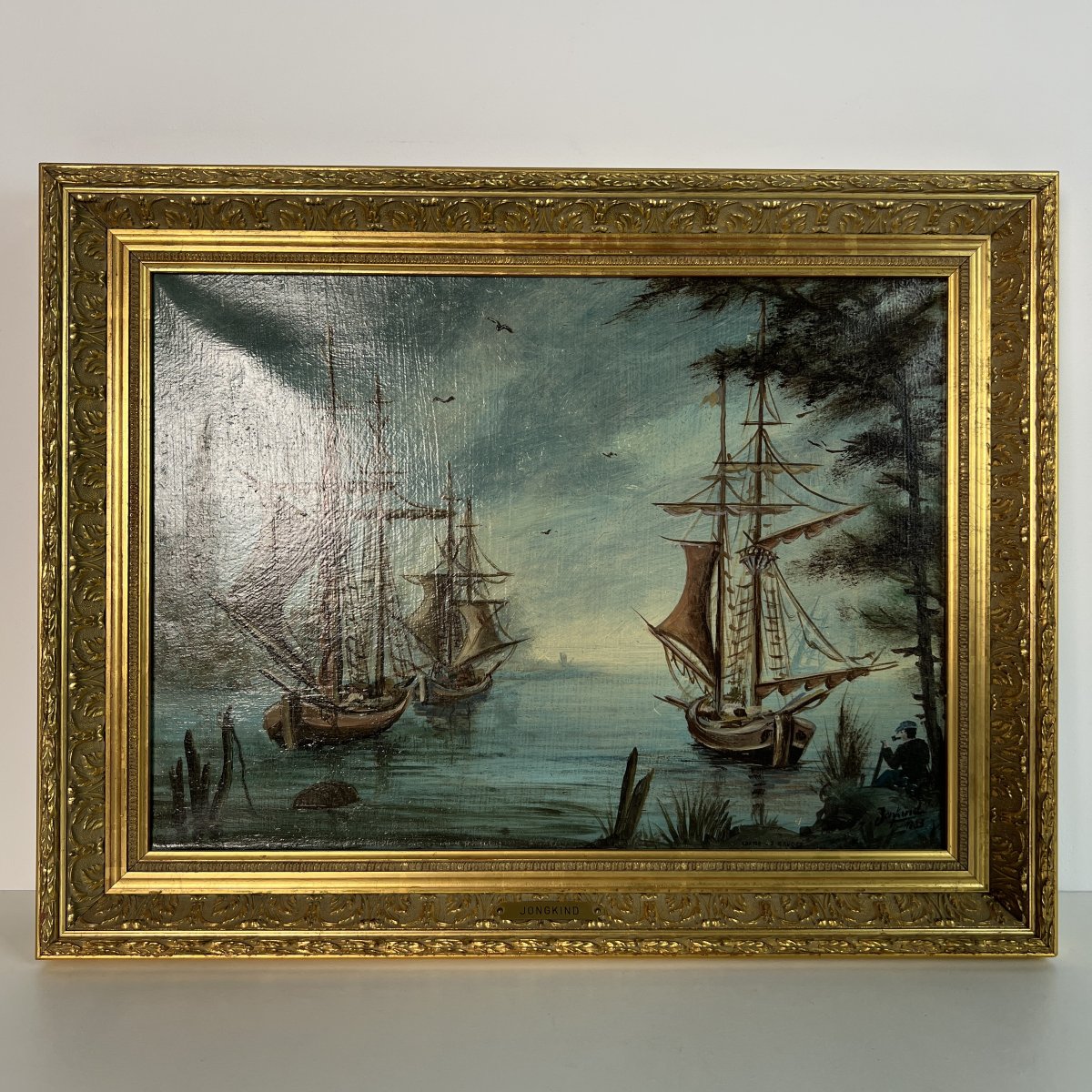 Tableau Ancien, , voiliers à la sortie de Bruges - Huile sur toile - Belgique, XIXe, Jongkind-photo-2