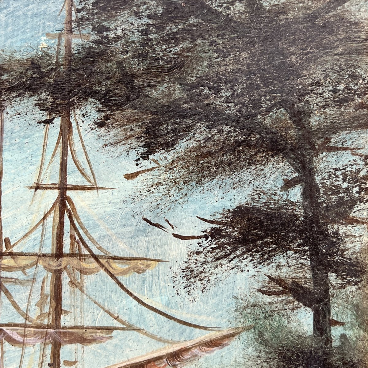 Tableau Ancien, , voiliers à la sortie de Bruges - Huile sur toile - Belgique, XIXe, Jongkind-photo-4