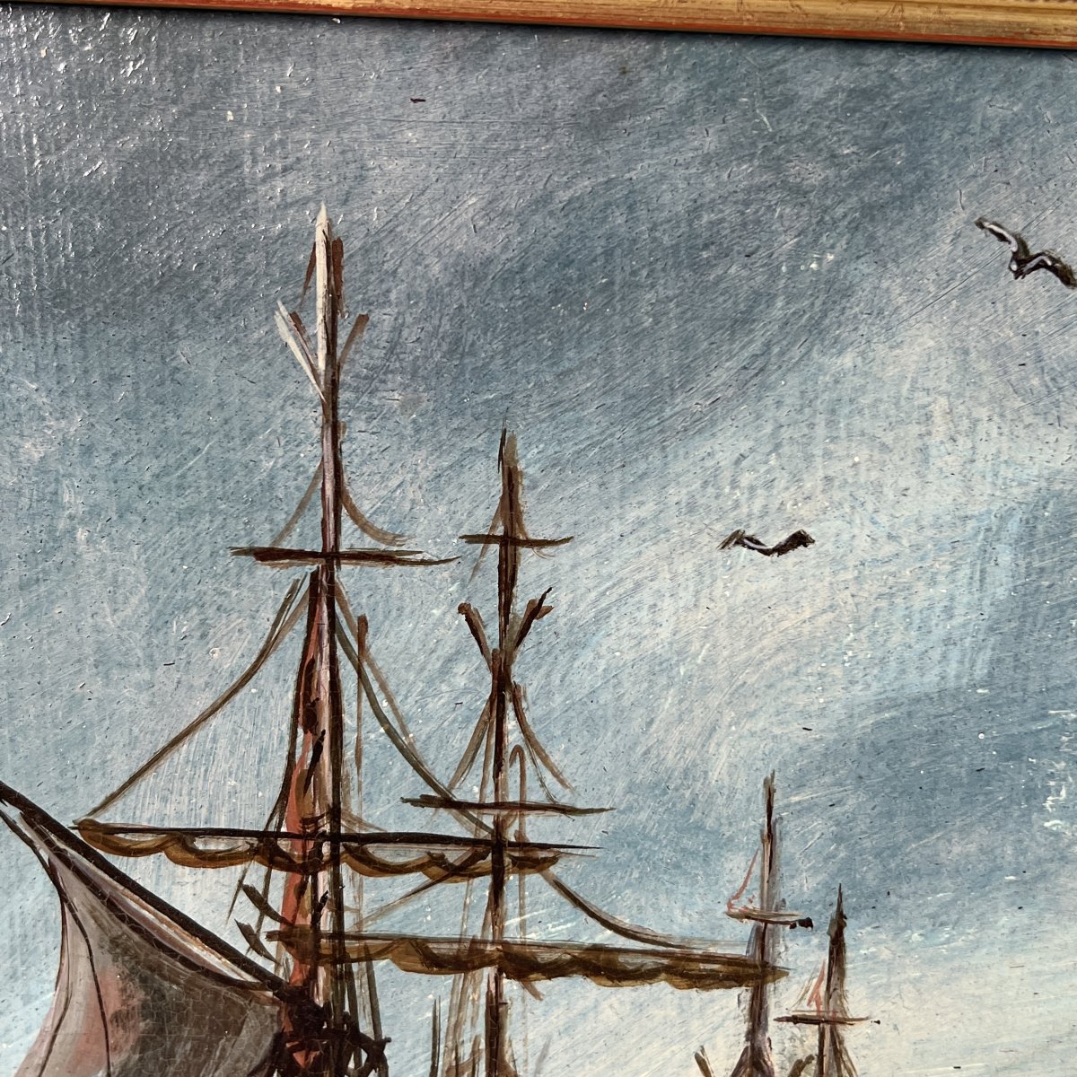Tableau Ancien, , voiliers à la sortie de Bruges - Huile sur toile - Belgique, XIXe, Jongkind-photo-5
