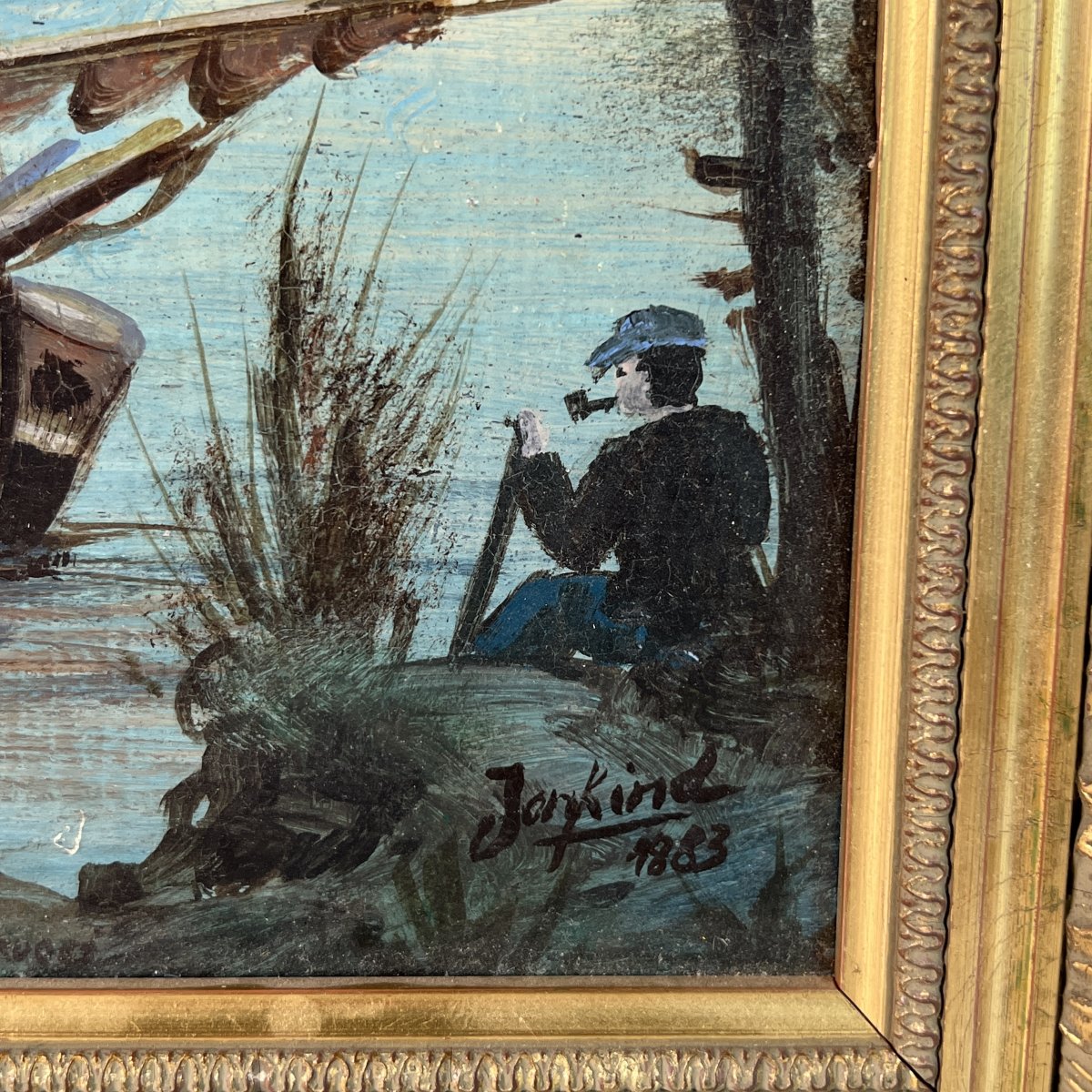 Tableau Ancien, , voiliers à la sortie de Bruges - Huile sur toile - Belgique, XIXe, Jongkind-photo-6