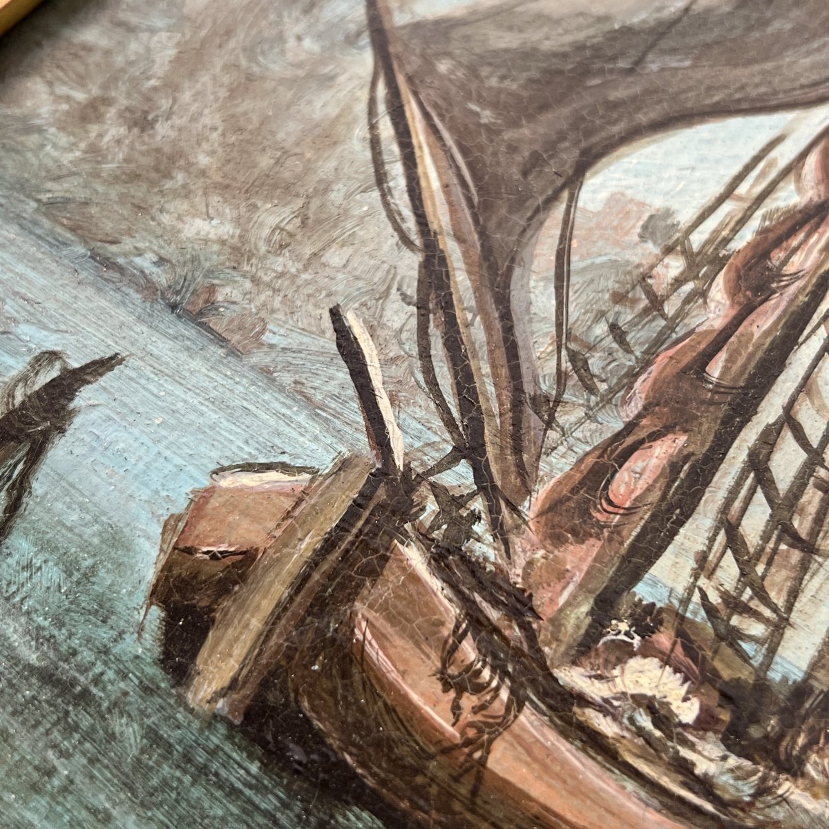 Tableau Ancien, , voiliers à la sortie de Bruges - Huile sur toile - Belgique, XIXe, Jongkind-photo-7
