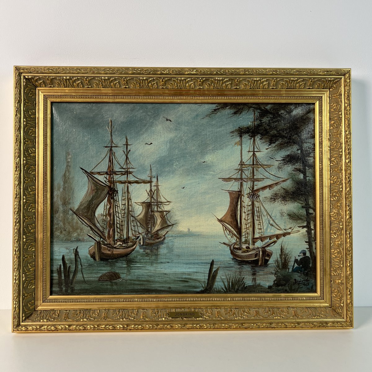 Tableau Ancien, , voiliers à la sortie de Bruges - Huile sur toile - Belgique, XIXe, Jongkind