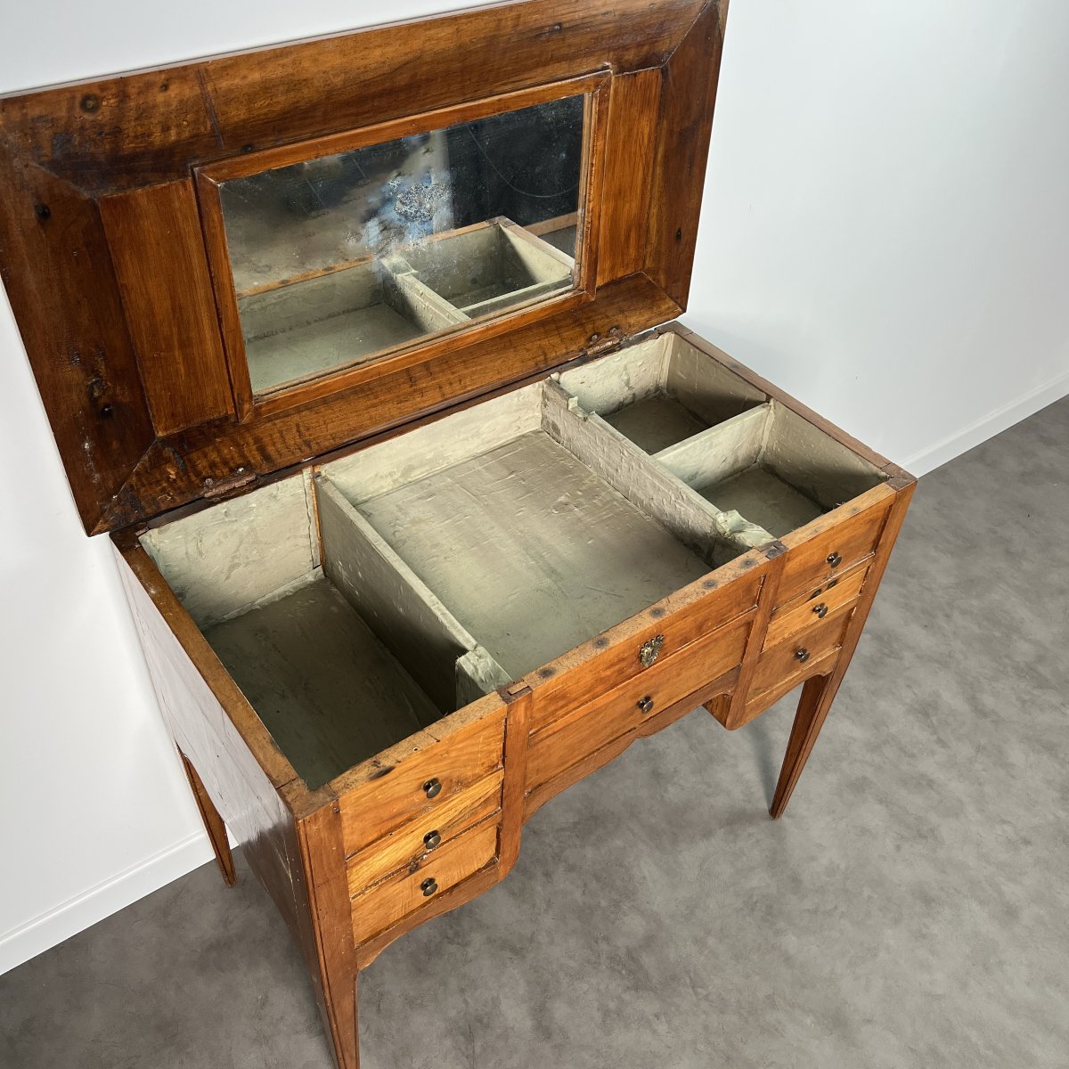 Coiffeuse poudreuse d'époque Louis XVI à transformation en merisier, petit bureau XVIIIe siècle-photo-7