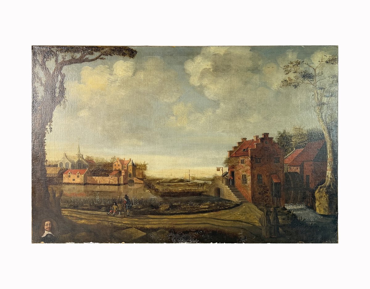 Huile sur toile grand format - paysage animé - École Hollandaise du XVIIe siècle -photo-3