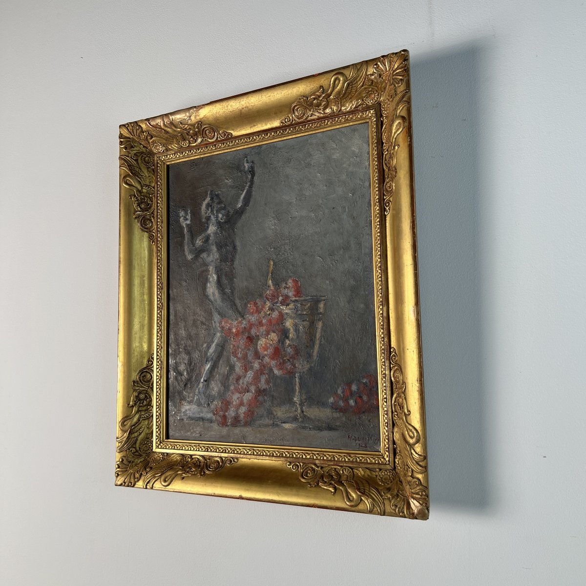 Henri DUVOISIN 1877-1959  Huile sur toile, Nature morte au faune dansant, Bacchus, cadre Empire-photo-3