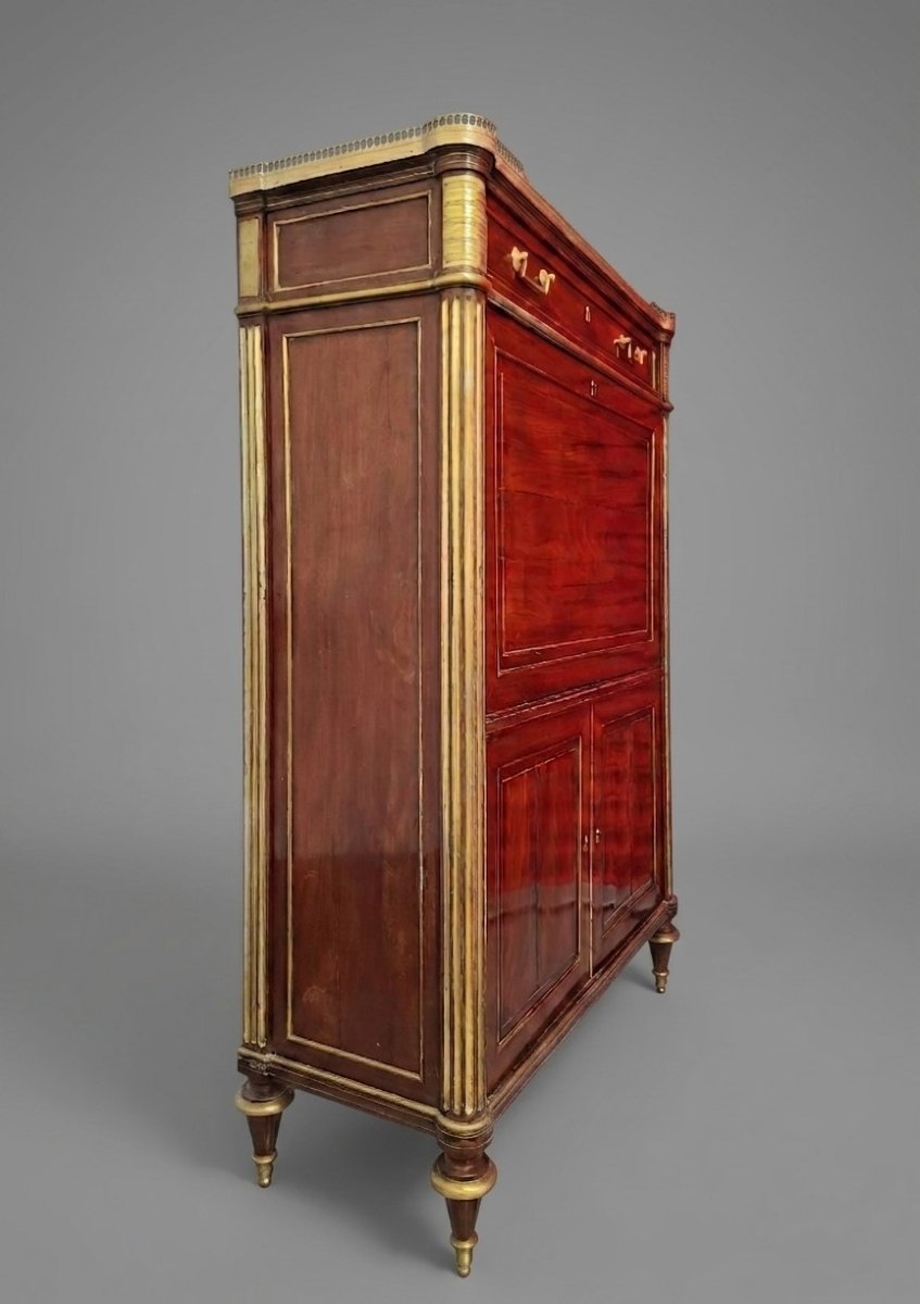 Secrétaire d'époque Louis XVI en acajou de Cuba, colonnes détachées, marbre de Carrare-photo-3