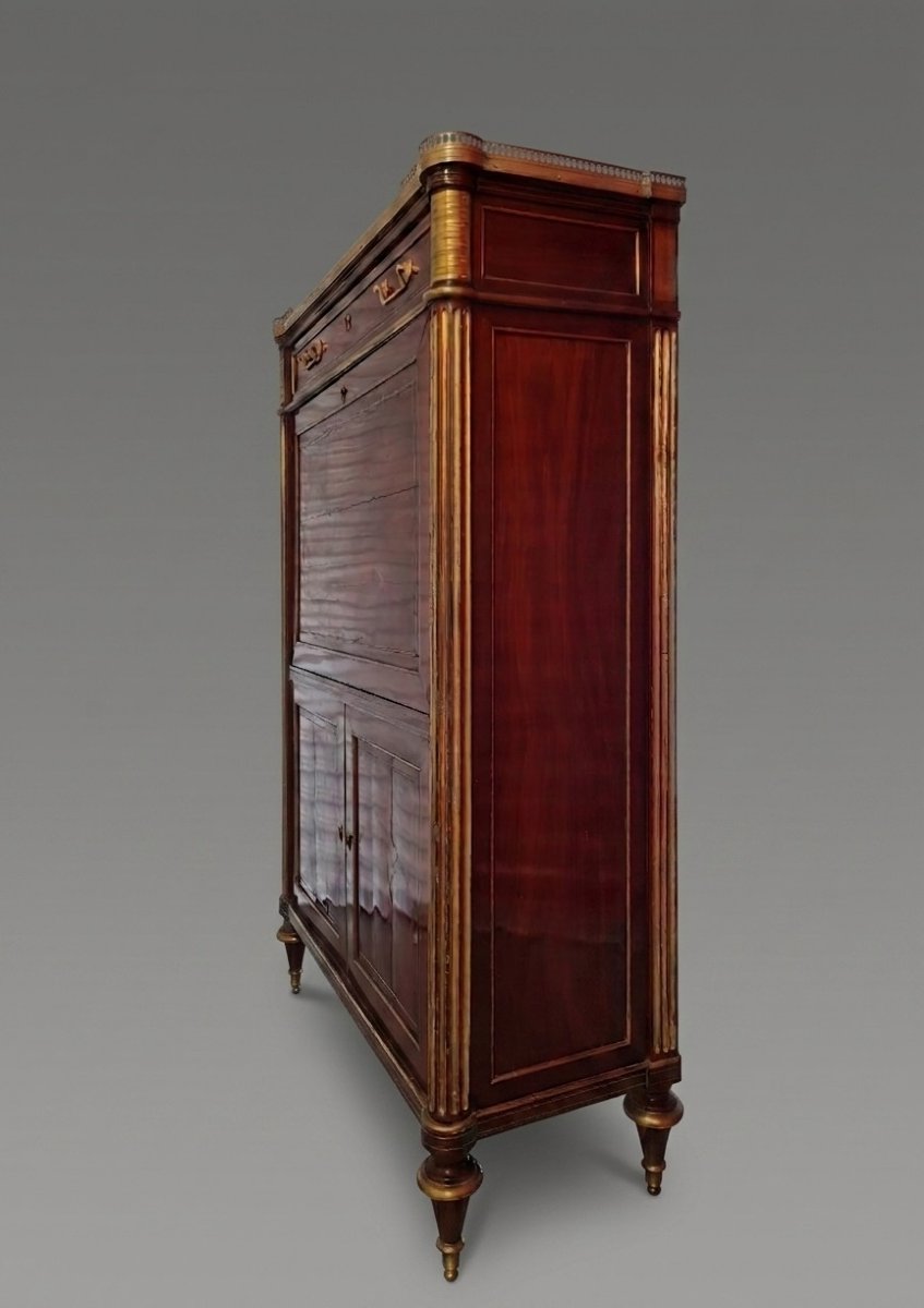 Secrétaire d'époque Louis XVI en acajou de Cuba, colonnes détachées, marbre de Carrare-photo-4