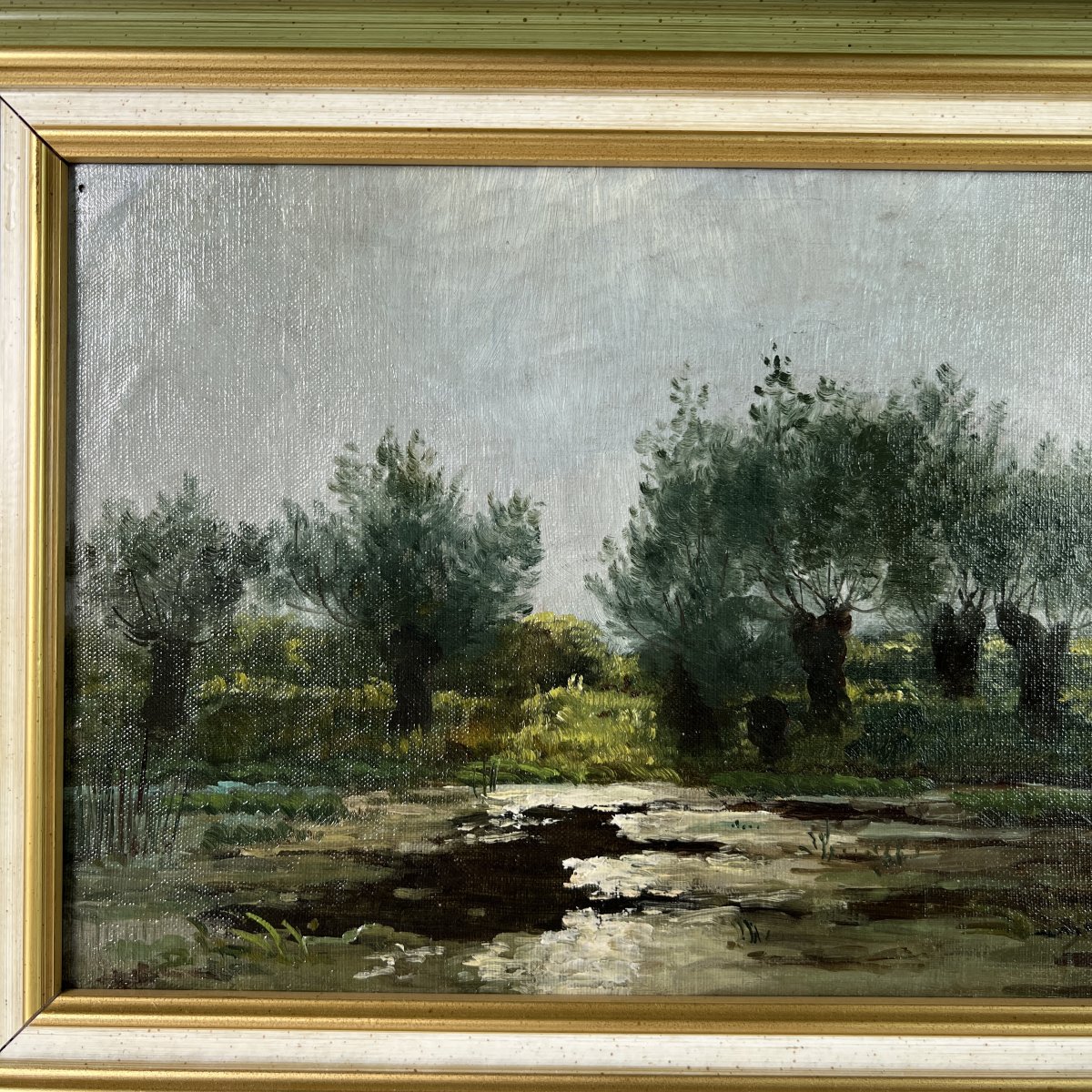 Oil On Canvas, Landscape, Claudius Peyrache (1860–1940) France, Willows By The Water's Edge-photo-2