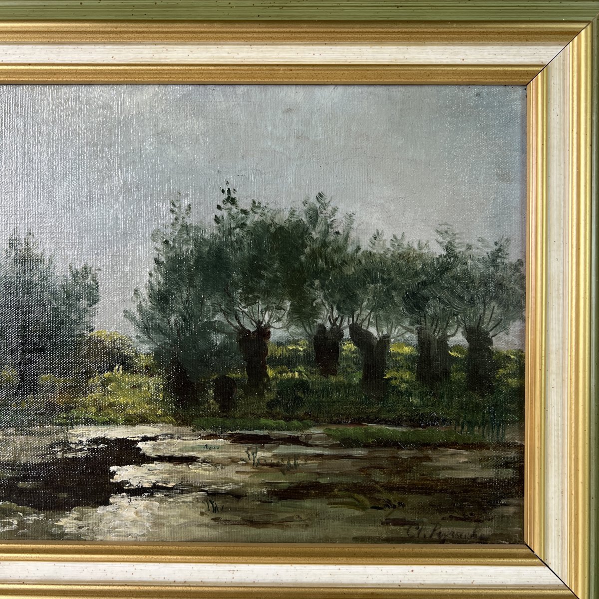 Oil On Canvas, Landscape, Claudius Peyrache (1860–1940) France, Willows By The Water's Edge-photo-3